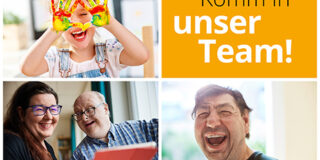 Verschiedene Bilder zeigen die Arbeitswelt bei der Lebenshilfe. Ein Kind mit Fingerfarbe an den Händen, lächelnde Menschen mit und ohne Einschränkung.