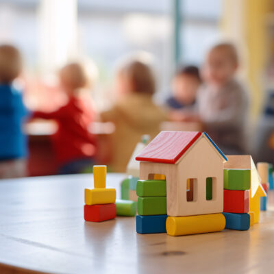 Bauklötze auf einem Kindergartentisch, im HIntergrund unscharf Kinder.