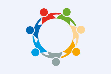 Farbige Grafik, Menschen unterstützen sich gegenseitig.